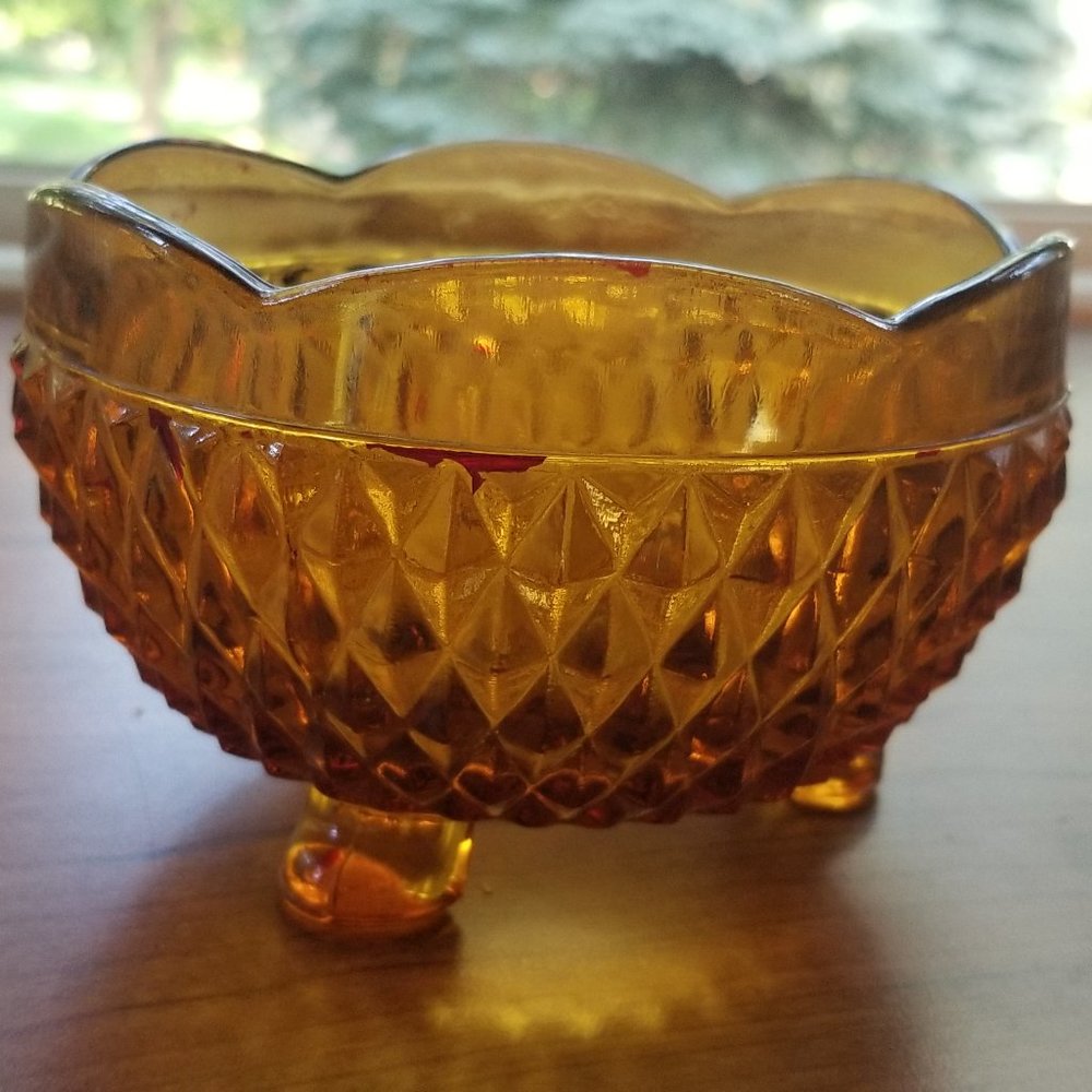 Vintage Indiana Glass Amber Diamond Point 3 Footed
